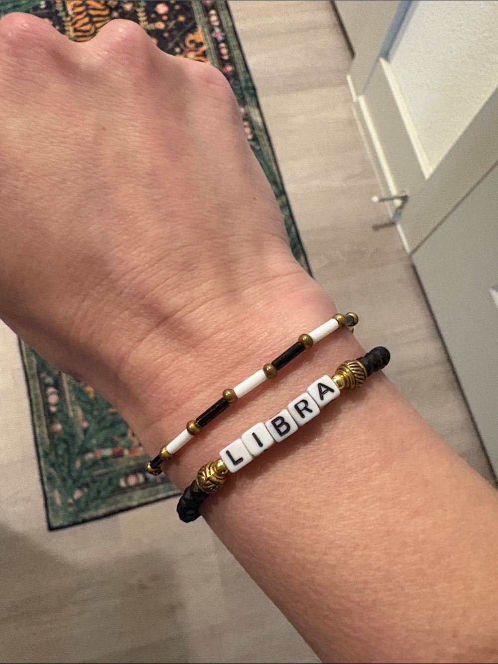 LIBRA Letter Bead Bracelet Set - Black & White with Gold Accents